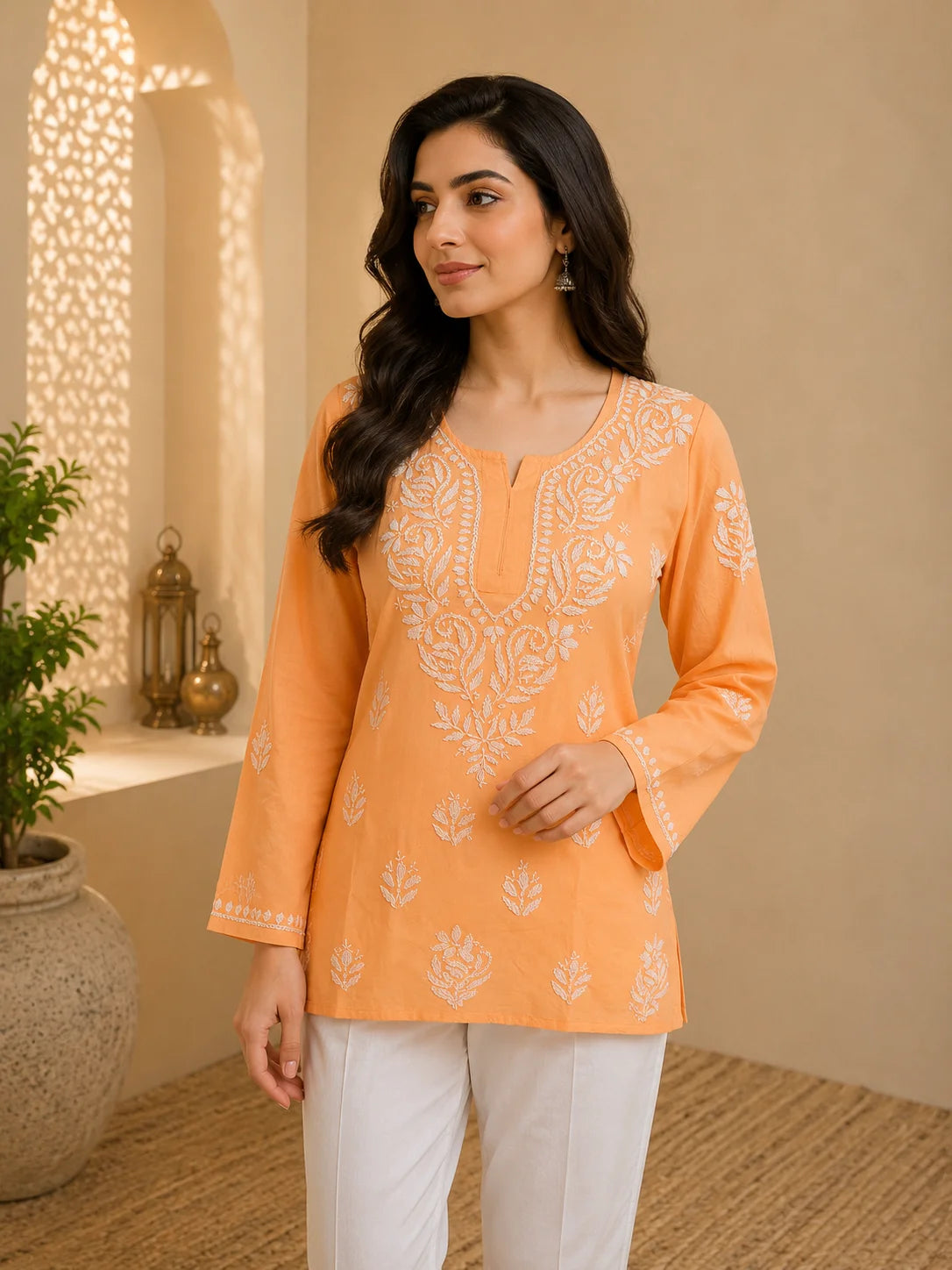 Tazaki Luxury Modal Chikankari Short Kurti with Intricate Lucknowi Floral Embroidery