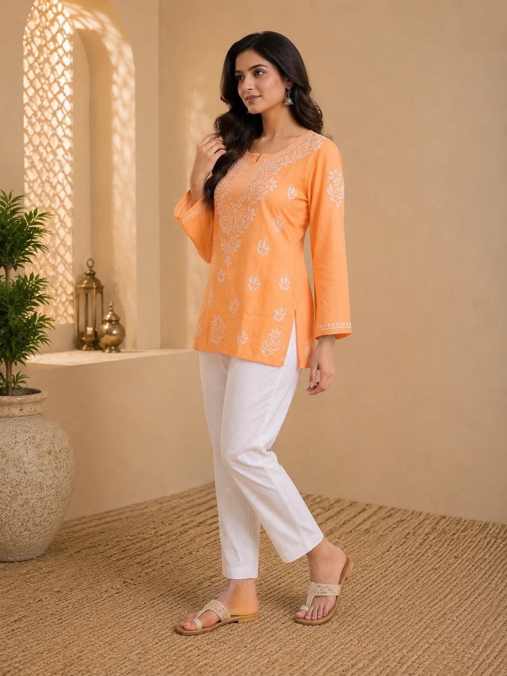Tazaki Luxury Modal Chikankari Short Kurti with Intricate Lucknowi Floral Embroidery