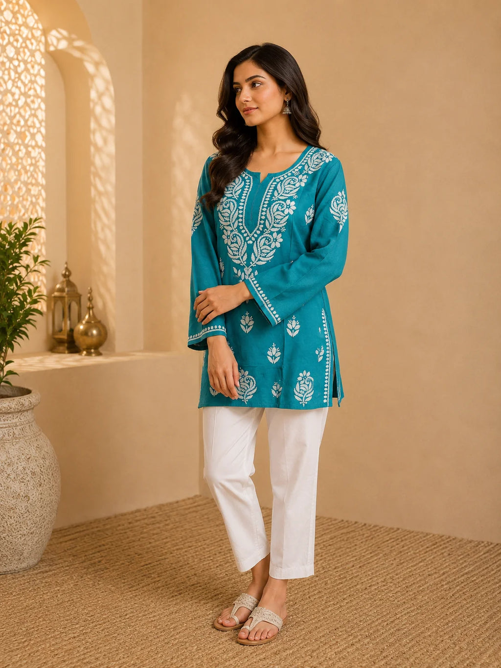 Tazaki Luxury Modal Chikankari Short Kurti with Intricate Lucknowi Floral Embroidery