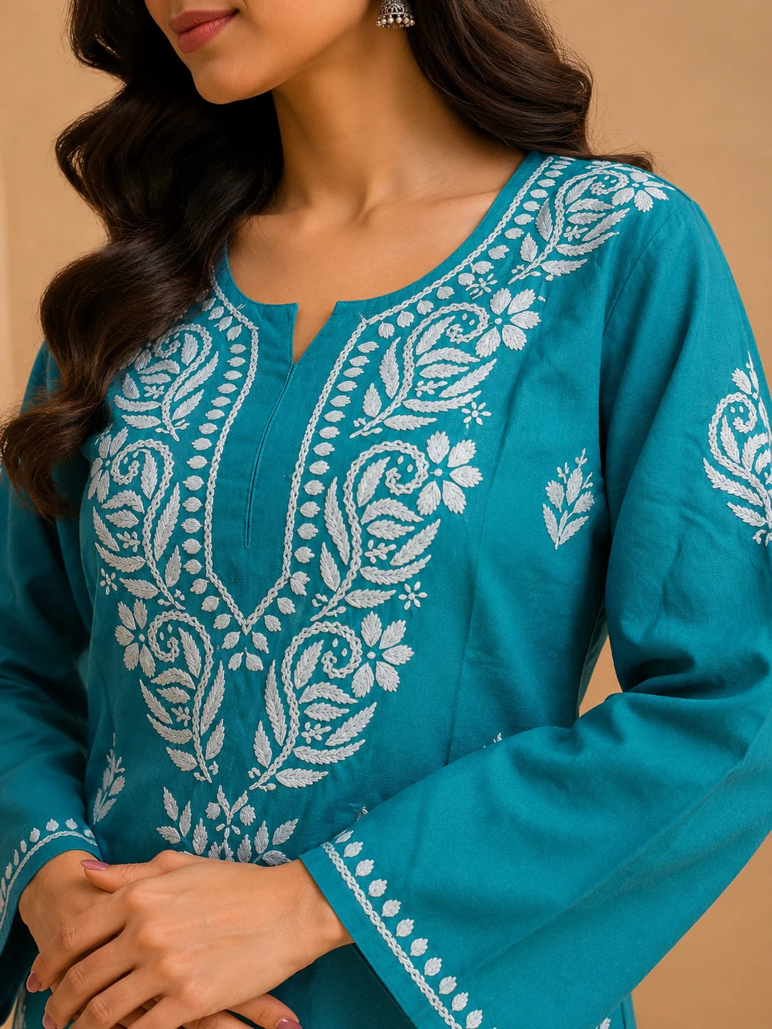 Tazaki Luxury Modal Chikankari Short Kurti with Intricate Lucknowi Floral Embroidery