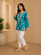 Tazaki Luxury Modal Chikankari Short Kurti with Intricate Lucknowi Floral Embroidery