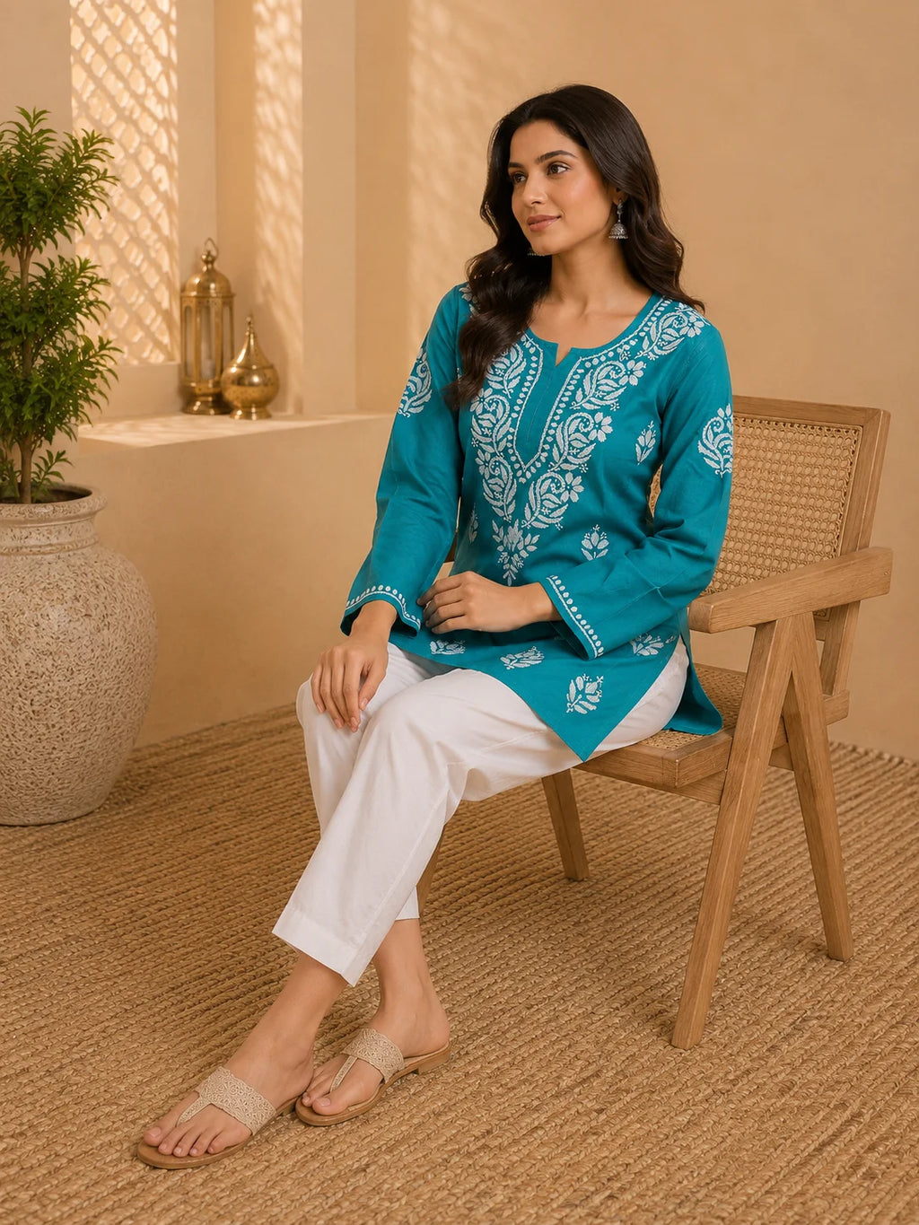 Tazaki Luxury Modal Chikankari Short Kurti with Intricate Lucknowi Floral Embroidery