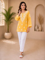 Tazaki Luxury Modal Chikankari Short Kurti with Intricate Lucknowi Floral Embroidery