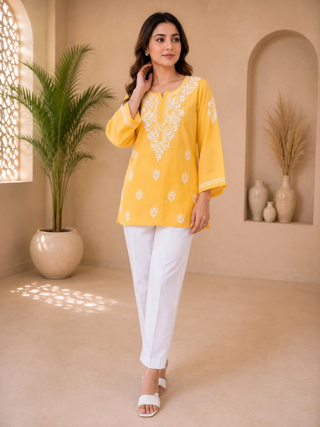 Tazaki Luxury Modal Chikankari Short Kurti with Intricate Lucknowi Floral Embroidery