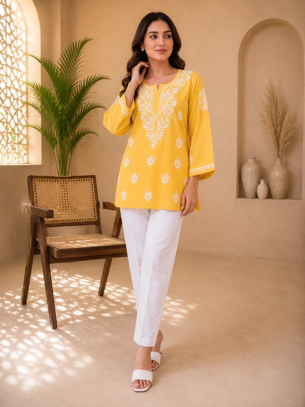 Tazaki Luxury Modal Chikankari Short Kurti with Intricate Lucknowi Floral Embroidery