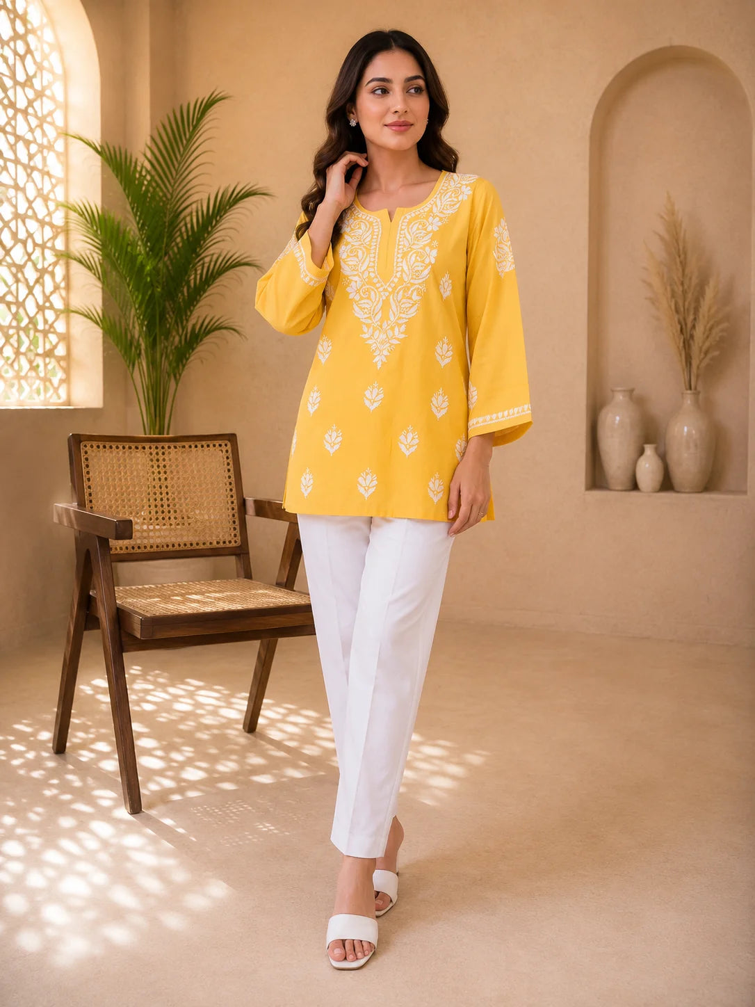 Tazaki Luxury Modal Chikankari Short Kurti with Intricate Lucknowi Floral Embroidery