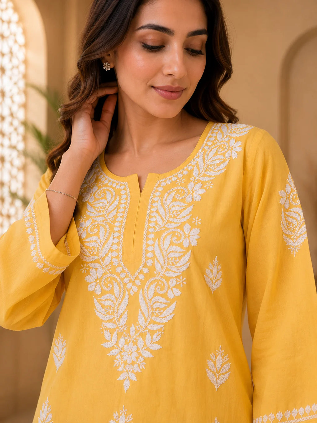 Tazaki Luxury Modal Chikankari Short Kurti with Intricate Lucknowi Floral Embroidery