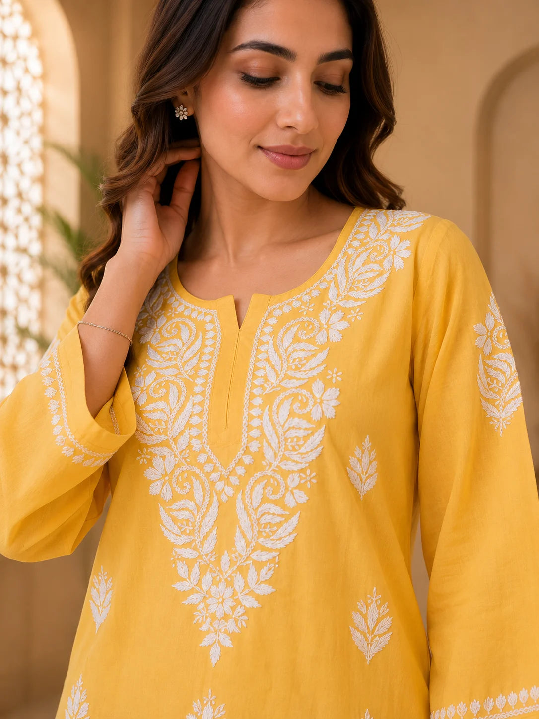 Tazaki Luxury Modal Chikankari Short Kurti with Intricate Lucknowi Floral Embroidery