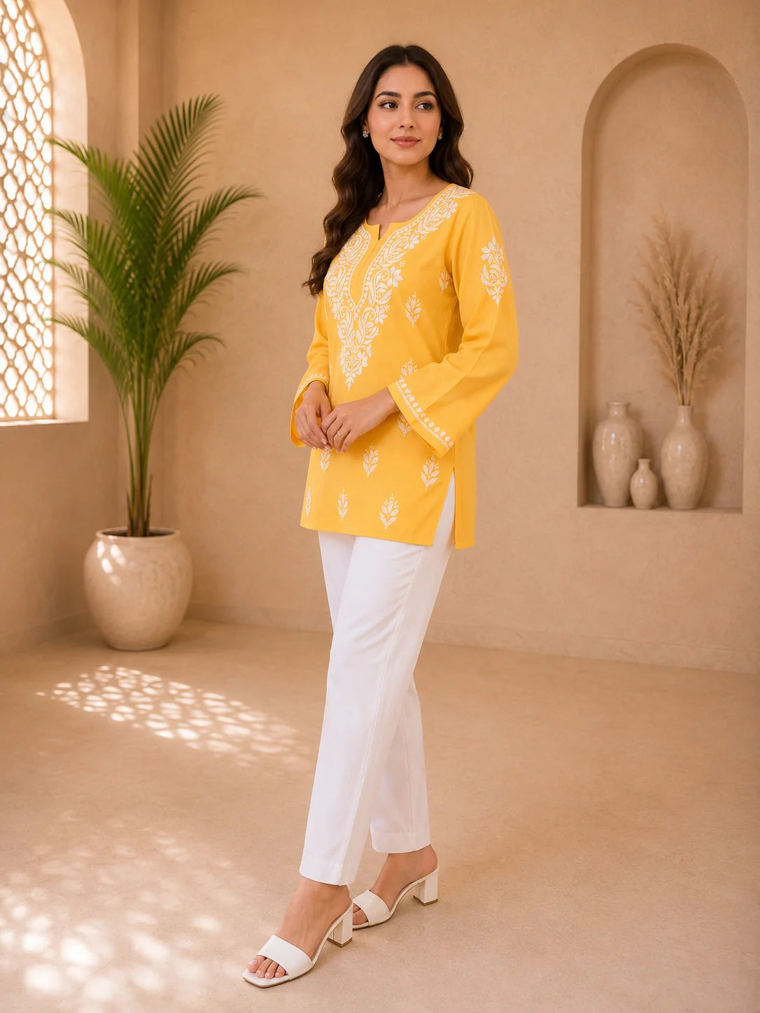 Tazaki Luxury Modal Chikankari Short Kurti with Intricate Lucknowi Floral Embroidery