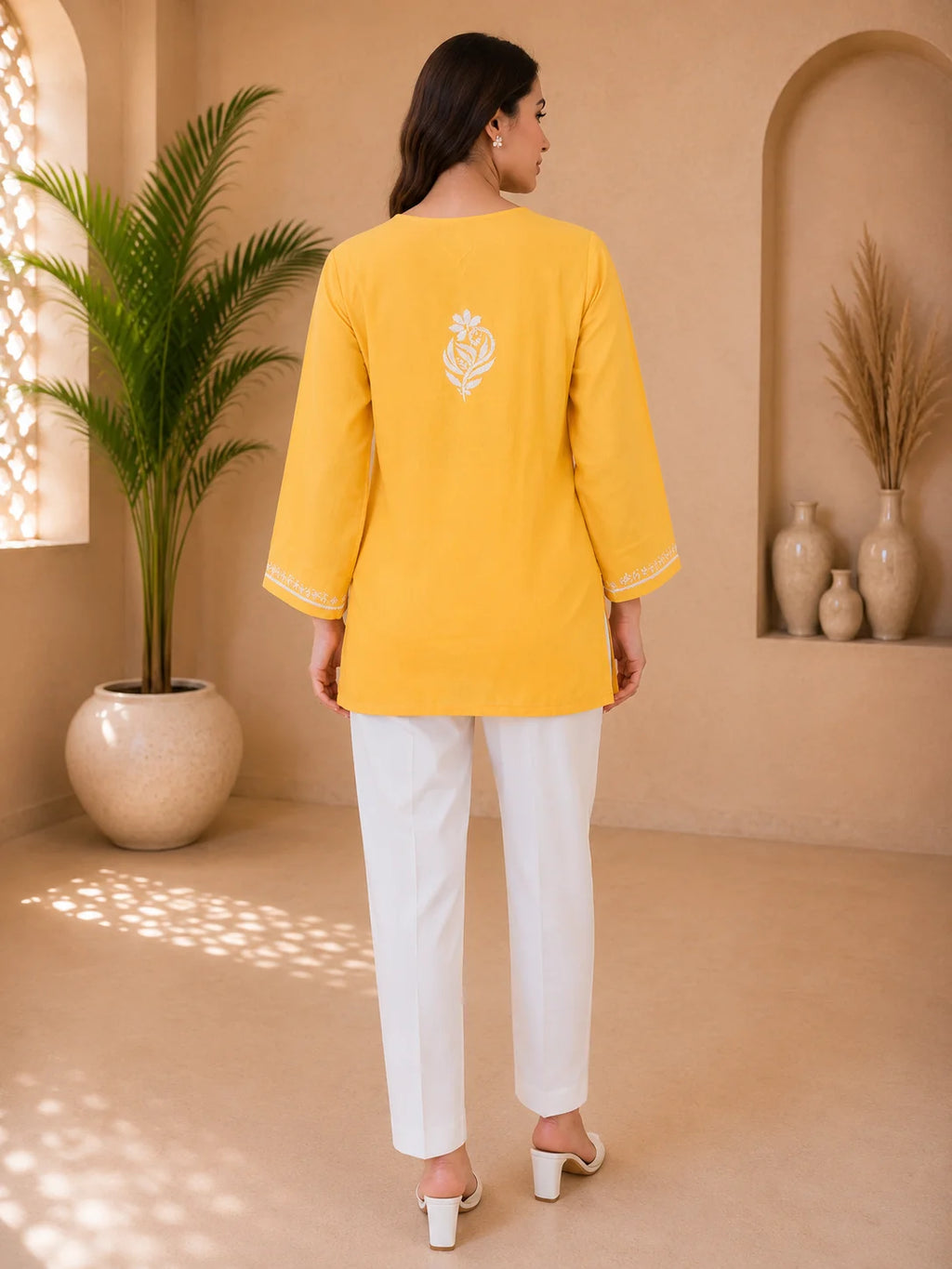 Tazaki Luxury Modal Chikankari Short Kurti with Intricate Lucknowi Floral Embroidery