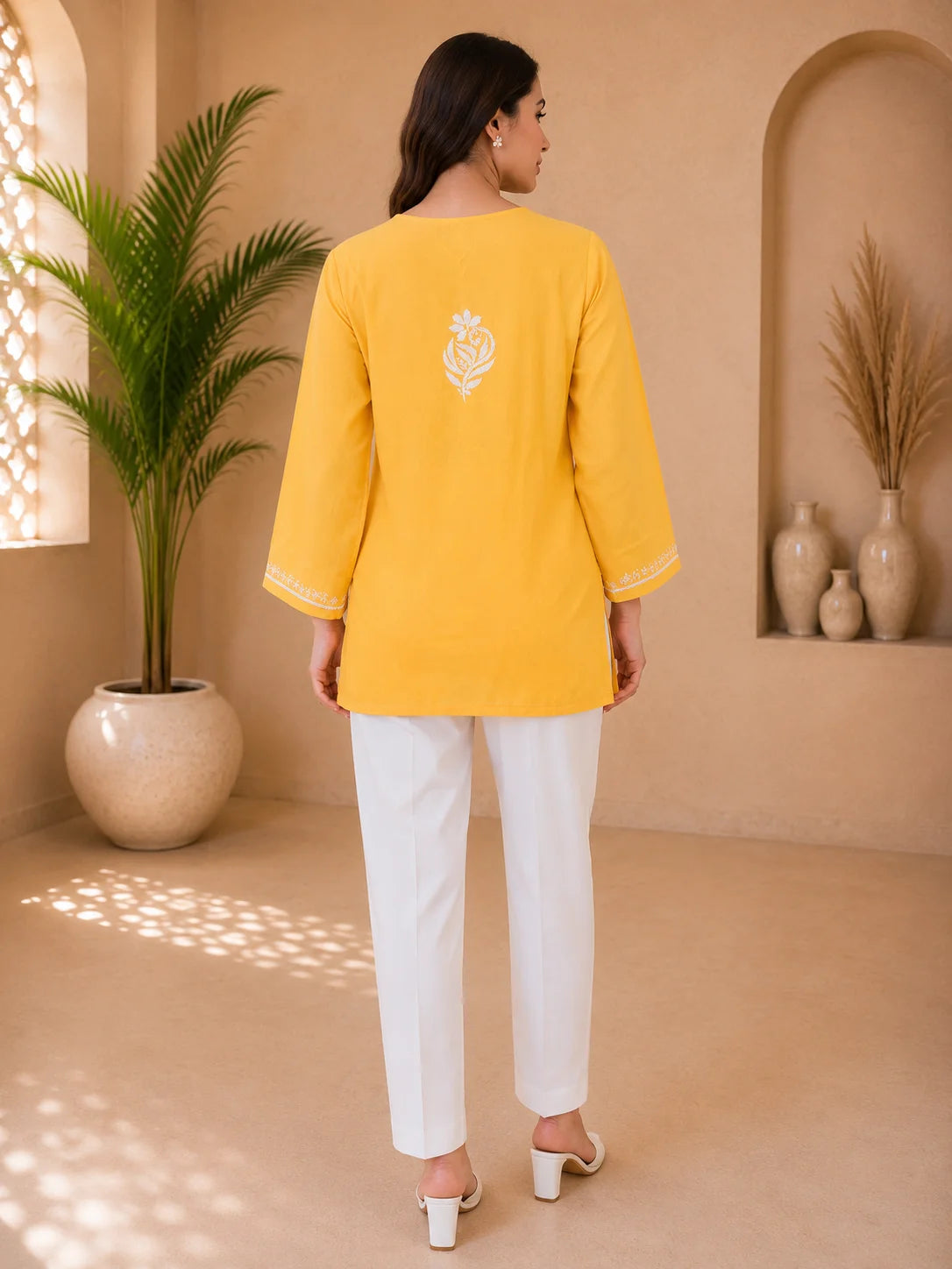 Tazaki Luxury Modal Chikankari Short Kurti with Intricate Lucknowi Floral Embroidery