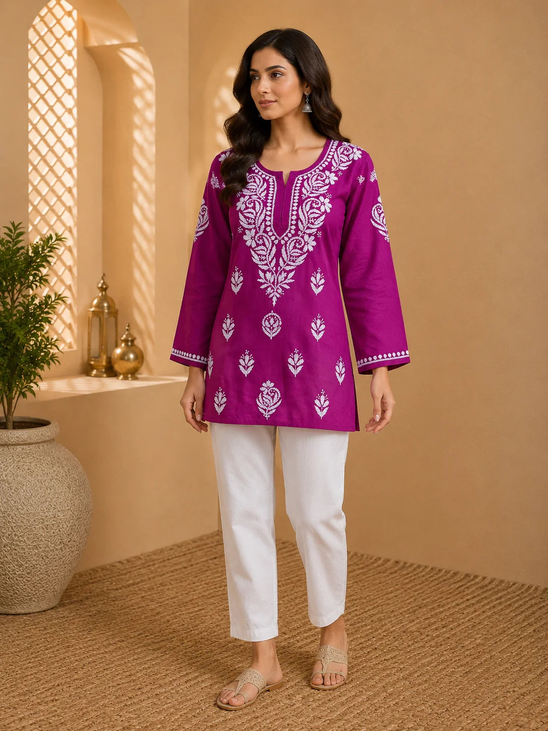 Tazaki Luxury Modal Chikankari Short Kurti with Intricate Lucknowi Floral Embroidery