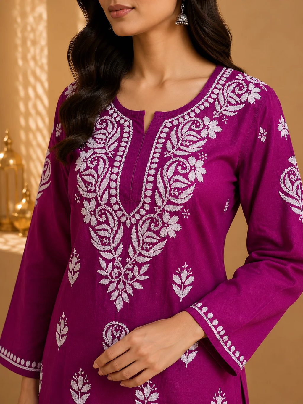 Tazaki Luxury Modal Chikankari Short Kurti with Intricate Lucknowi Floral Embroidery