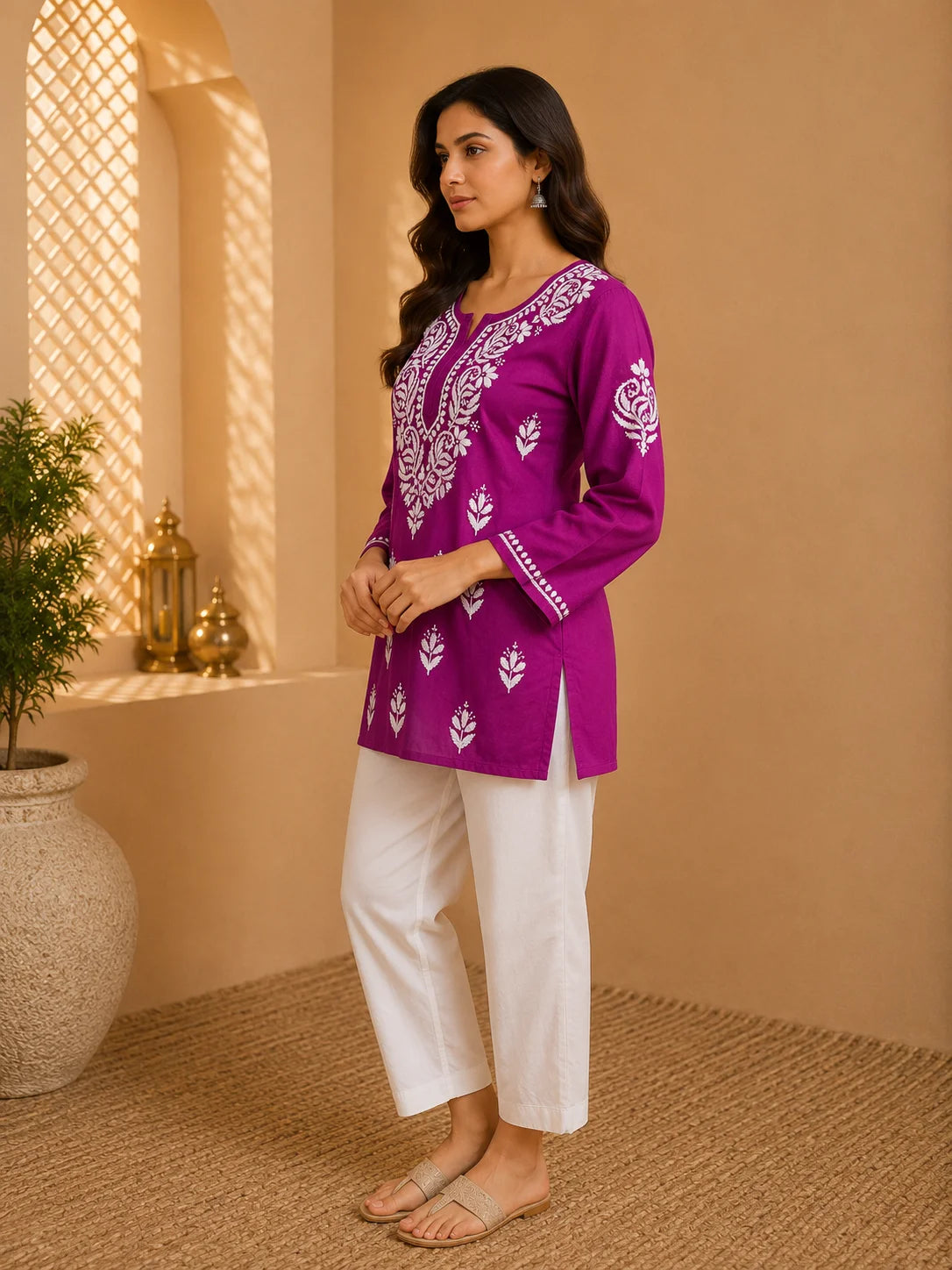 Tazaki Luxury Modal Chikankari Short Kurti with Intricate Lucknowi Floral Embroidery