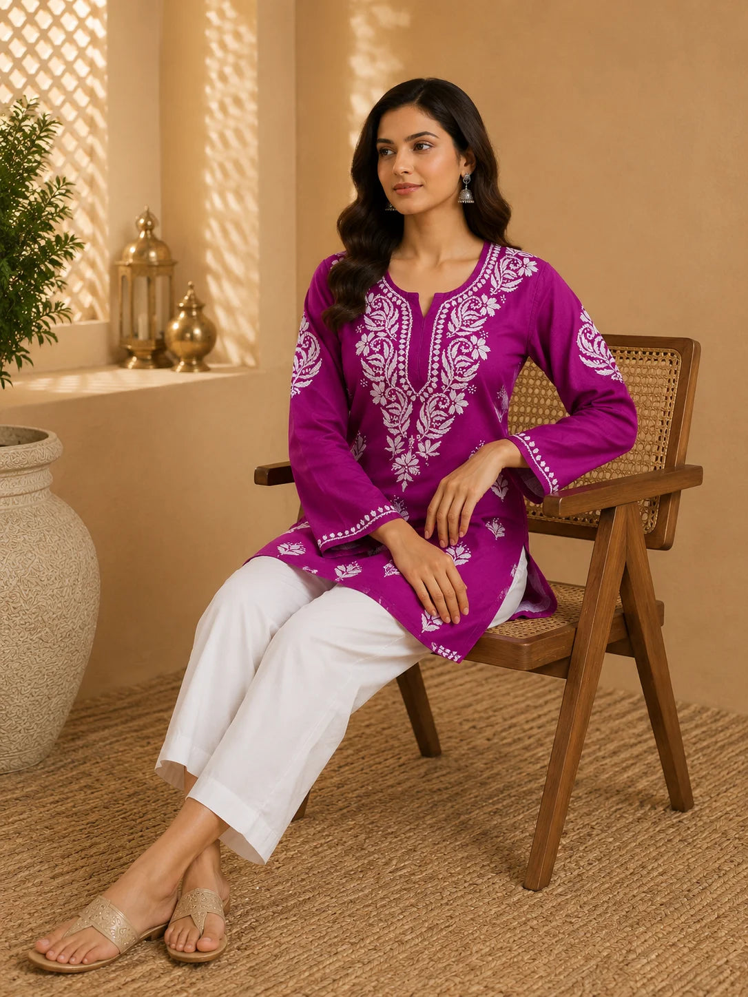 Tazaki Luxury Modal Chikankari Short Kurti with Intricate Lucknowi Floral Embroidery