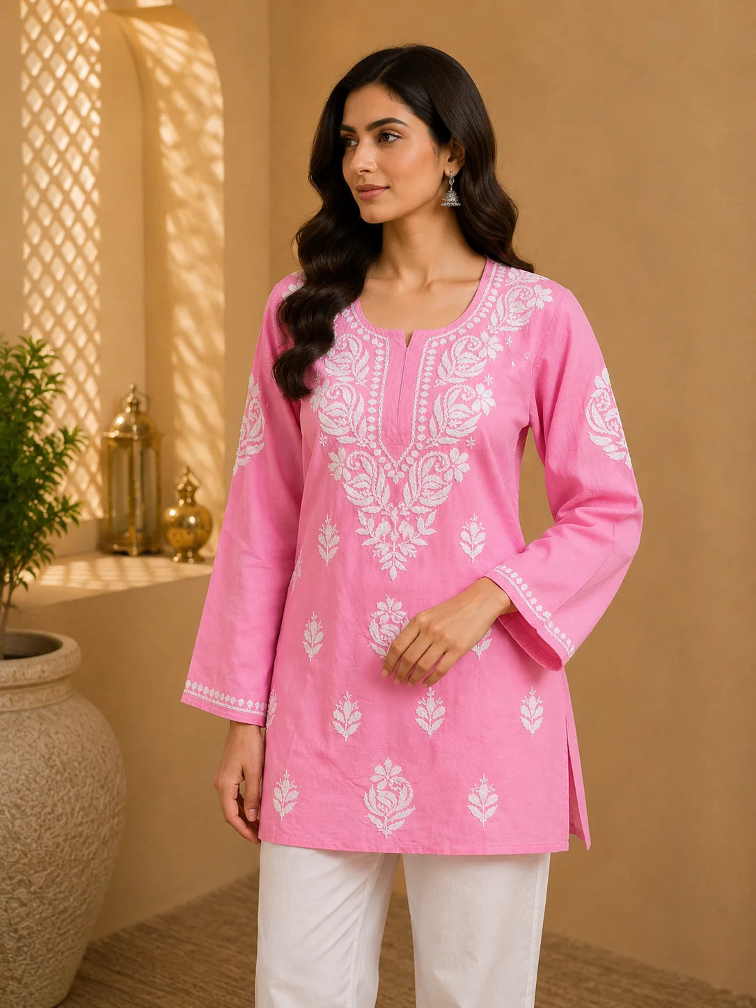 Tazaki Luxury Modal Chikankari Short Kurti with Intricate Lucknowi Floral Embroidery