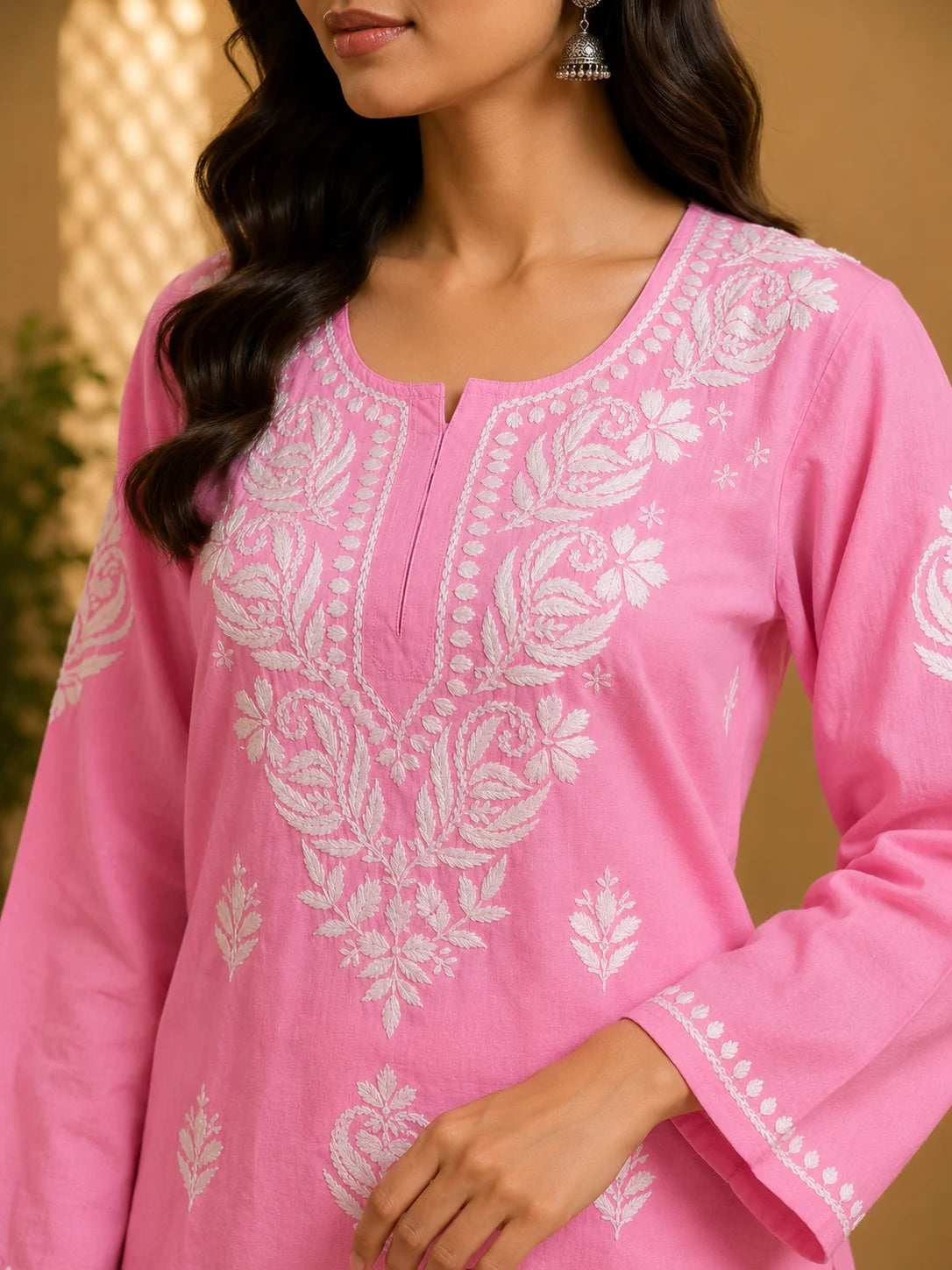 Tazaki Luxury Modal Chikankari Short Kurti with Intricate Lucknowi Floral Embroidery
