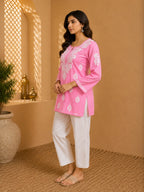Tazaki Luxury Modal Chikankari Short Kurti with Intricate Lucknowi Floral Embroidery