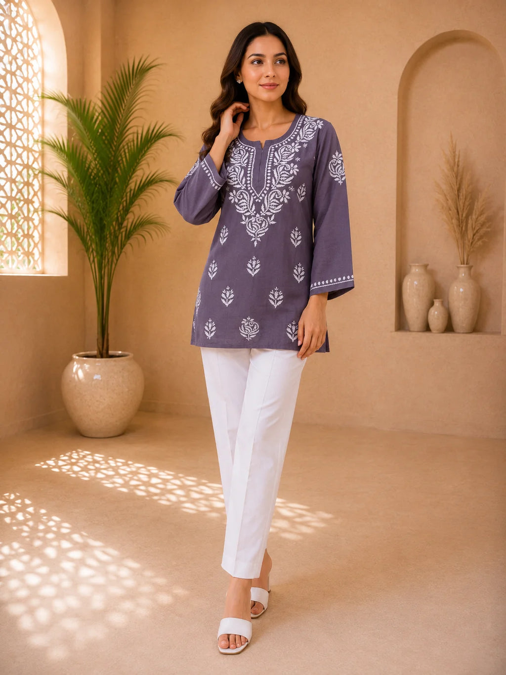 Tazaki Luxury Modal Chikankari Short Kurti with Intricate Lucknowi Floral Embroidery