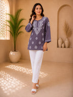 Tazaki Luxury Modal Chikankari Short Kurti with Intricate Lucknowi Floral Embroidery