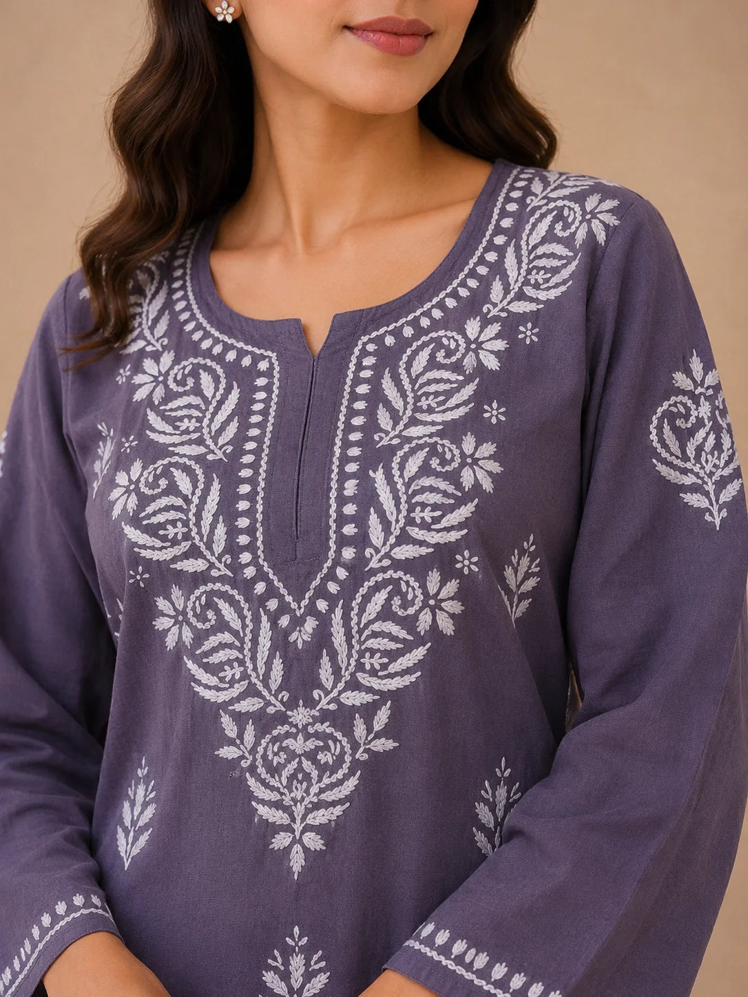 Tazaki Luxury Modal Chikankari Short Kurti with Intricate Lucknowi Floral Embroidery