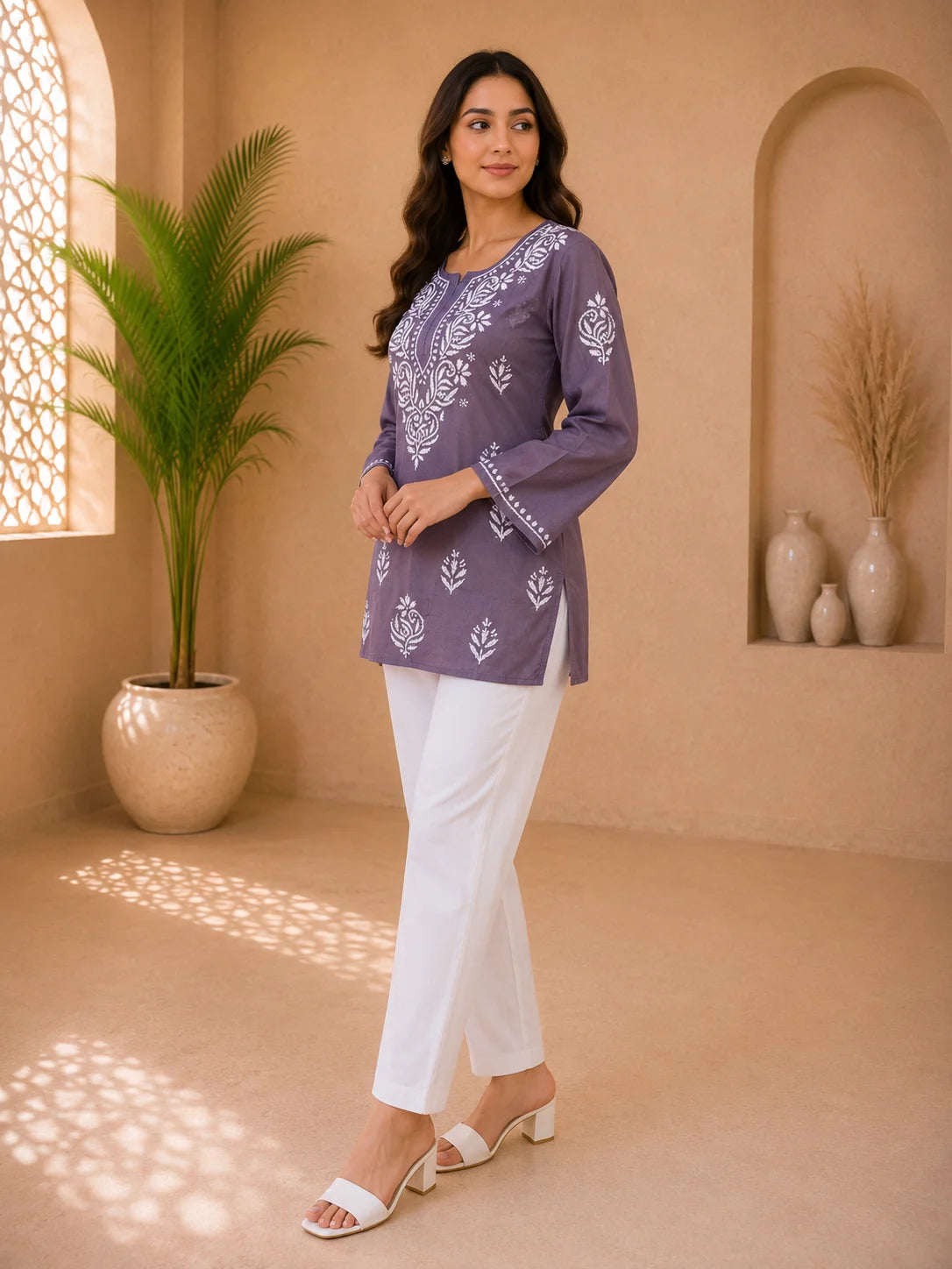 Tazaki Luxury Modal Chikankari Short Kurti with Intricate Lucknowi Floral Embroidery