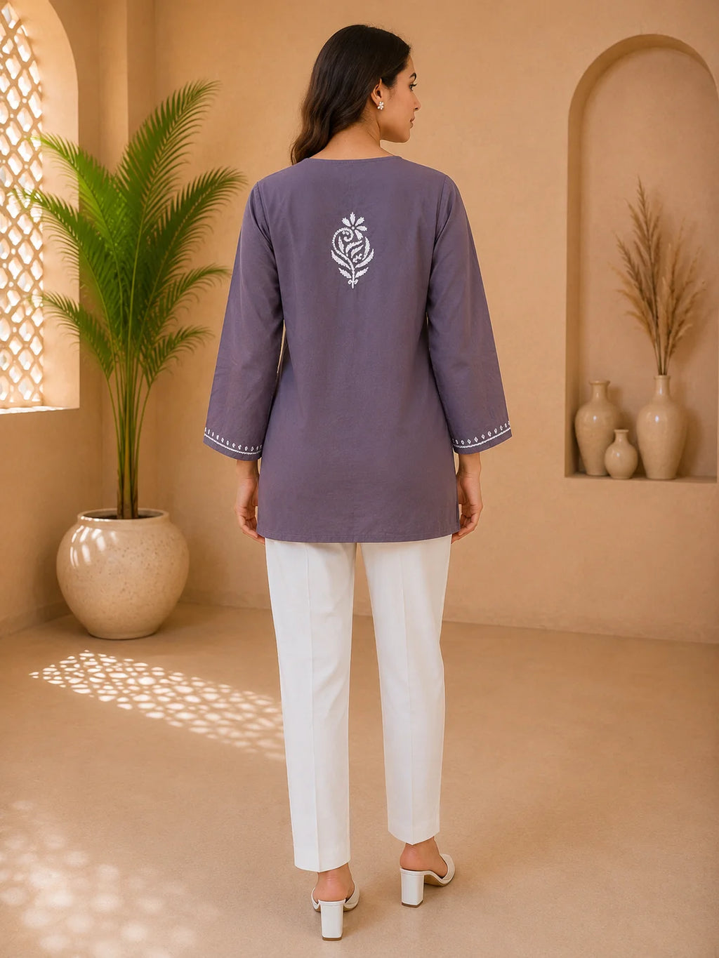 Tazaki Luxury Modal Chikankari Short Kurti with Intricate Lucknowi Floral Embroidery