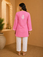 Tazaki Luxury Modal Chikankari Short Kurti with Intricate Lucknowi Floral Embroidery