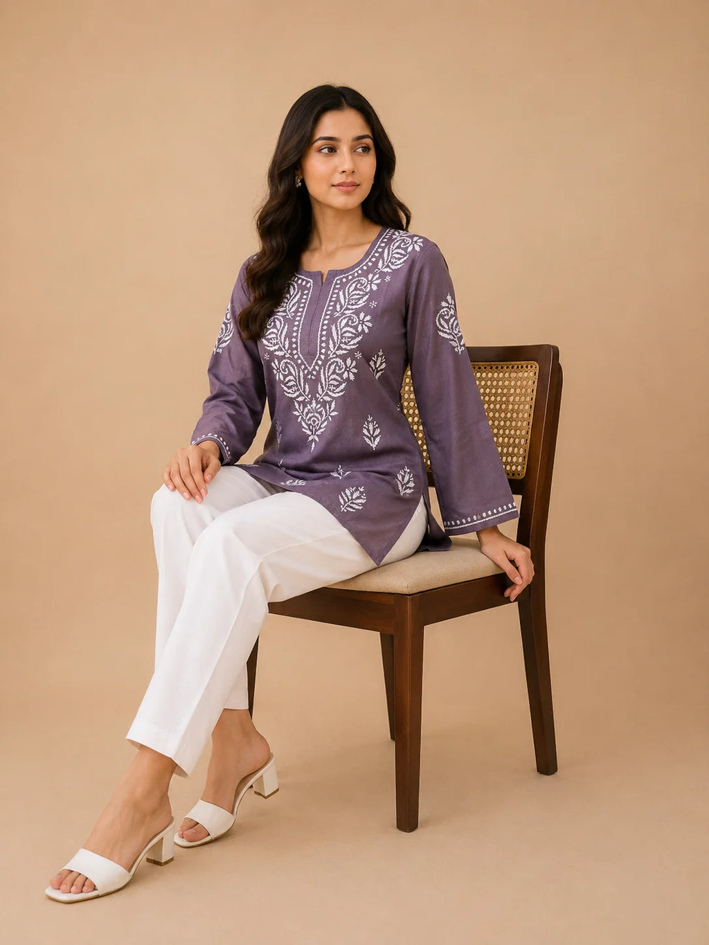 Tazaki Luxury Modal Chikankari Short Kurti with Intricate Lucknowi Floral Embroidery