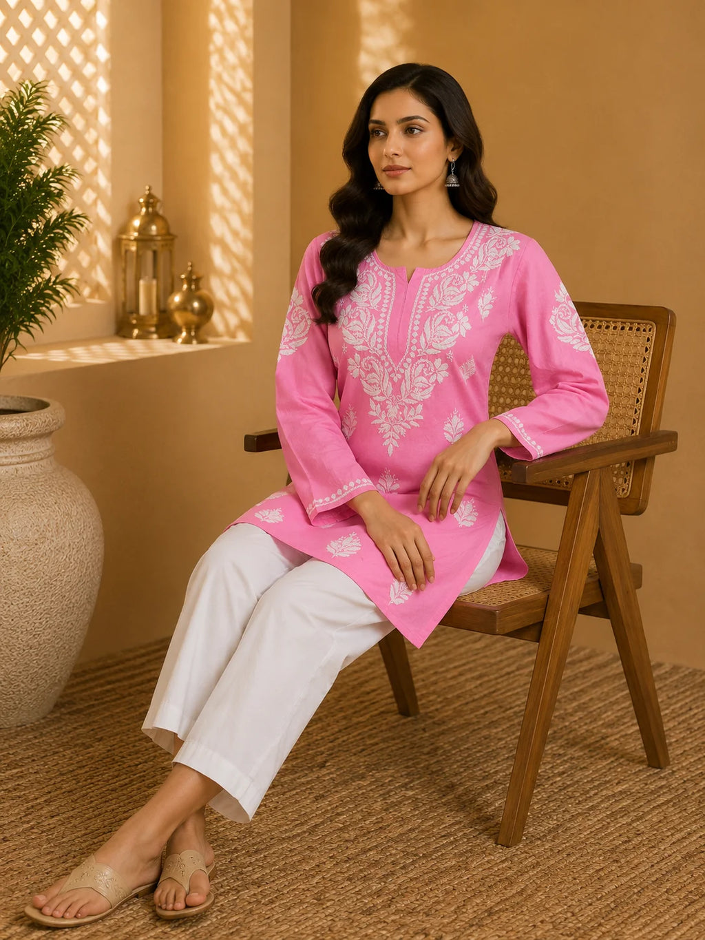 Tazaki Luxury Modal Chikankari Short Kurti with Intricate Lucknowi Floral Embroidery