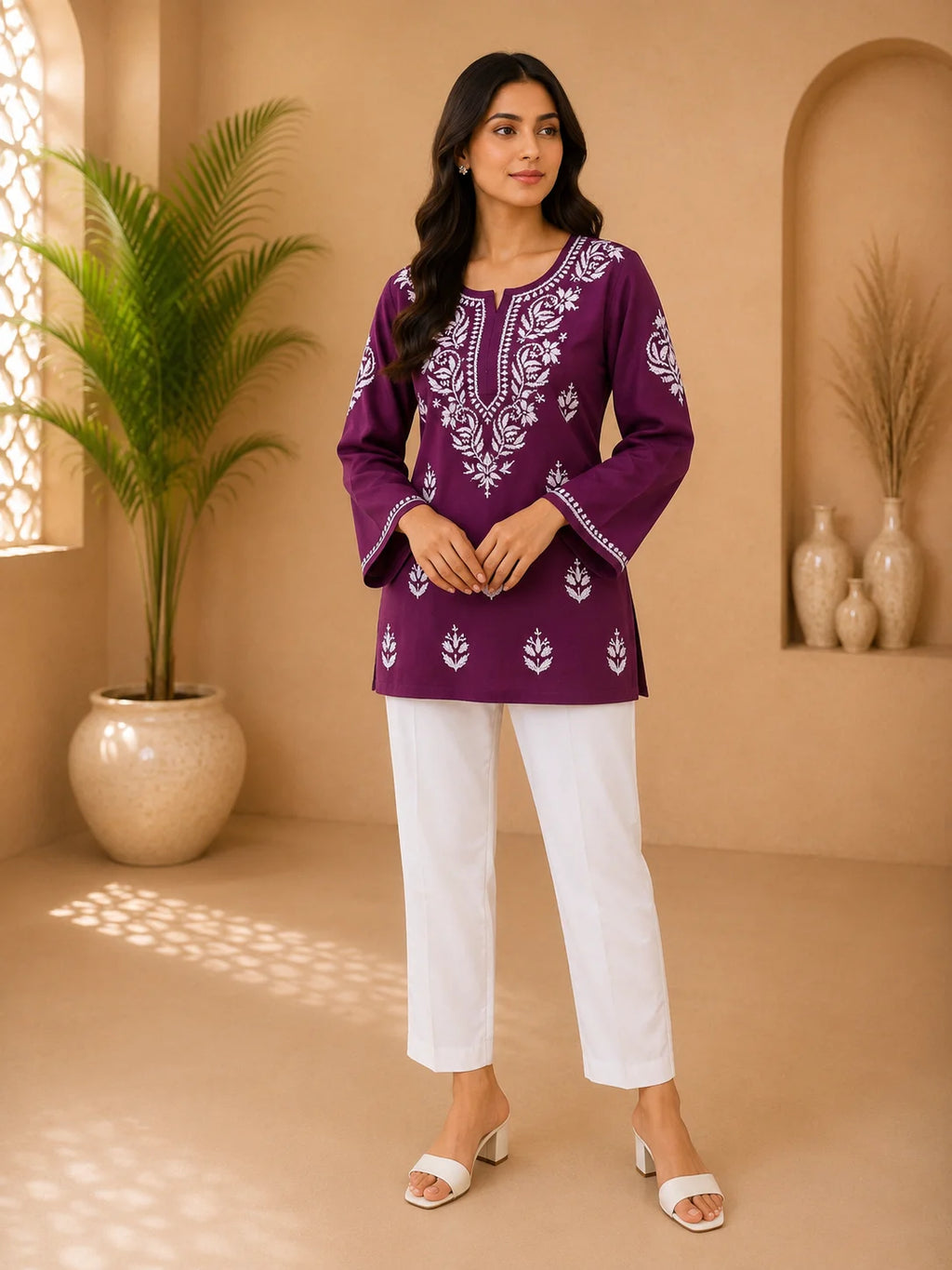 Tazaki Luxury Modal Chikankari Short Kurti with Intricate Lucknowi Floral Embroidery