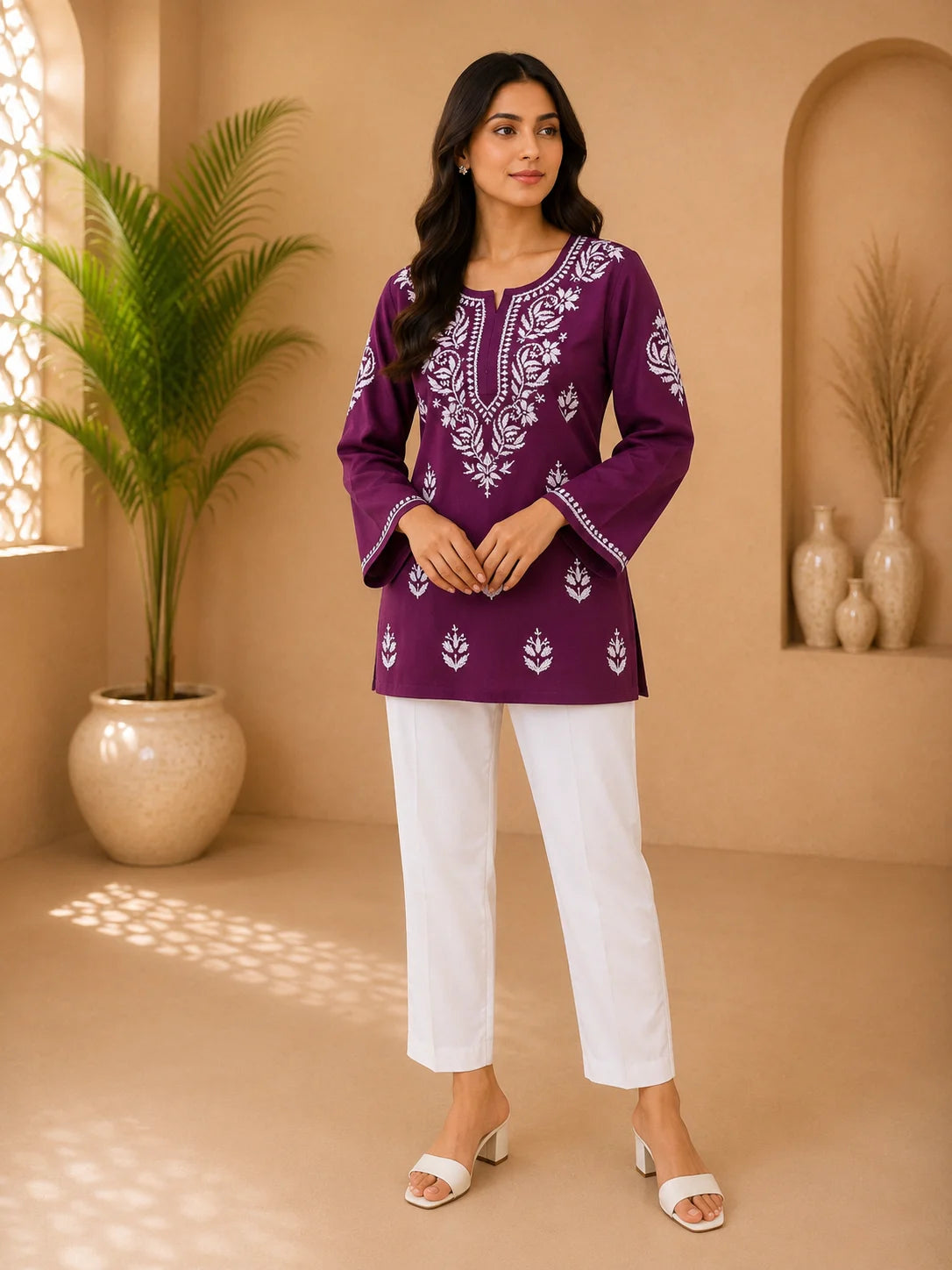 Tazaki Luxury Modal Chikankari Short Kurti with Intricate Lucknowi Floral Embroidery
