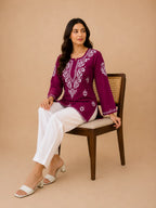 Tazaki Luxury Modal Chikankari Short Kurti with Intricate Lucknowi Floral Embroidery