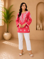 Tazaki Luxury Modal Chikankari Short Kurti with Intricate Lucknowi Floral Embroidery