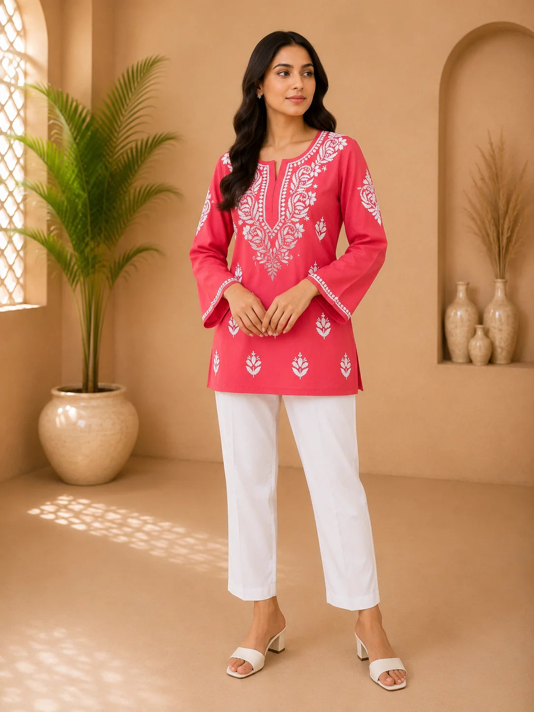 Tazaki Luxury Modal Chikankari Short Kurti with Intricate Lucknowi Floral Embroidery