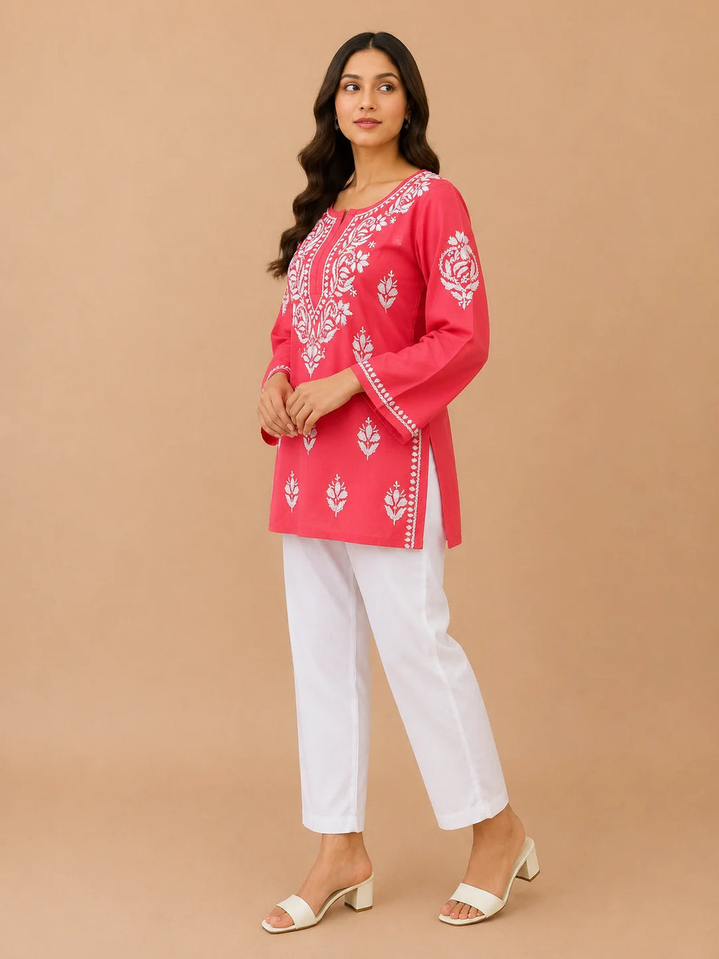 Tazaki Luxury Modal Chikankari Short Kurti with Intricate Lucknowi Floral Embroidery