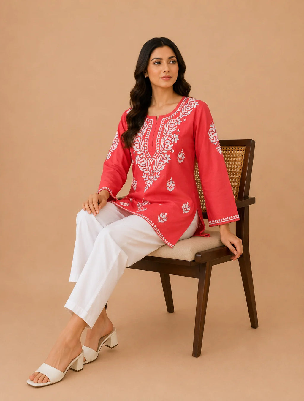 Tazaki Luxury Modal Chikankari Short Kurti with Intricate Lucknowi Floral Embroidery