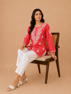 Tazaki Luxury Modal Chikankari Short Kurti with Intricate Lucknowi Floral Embroidery