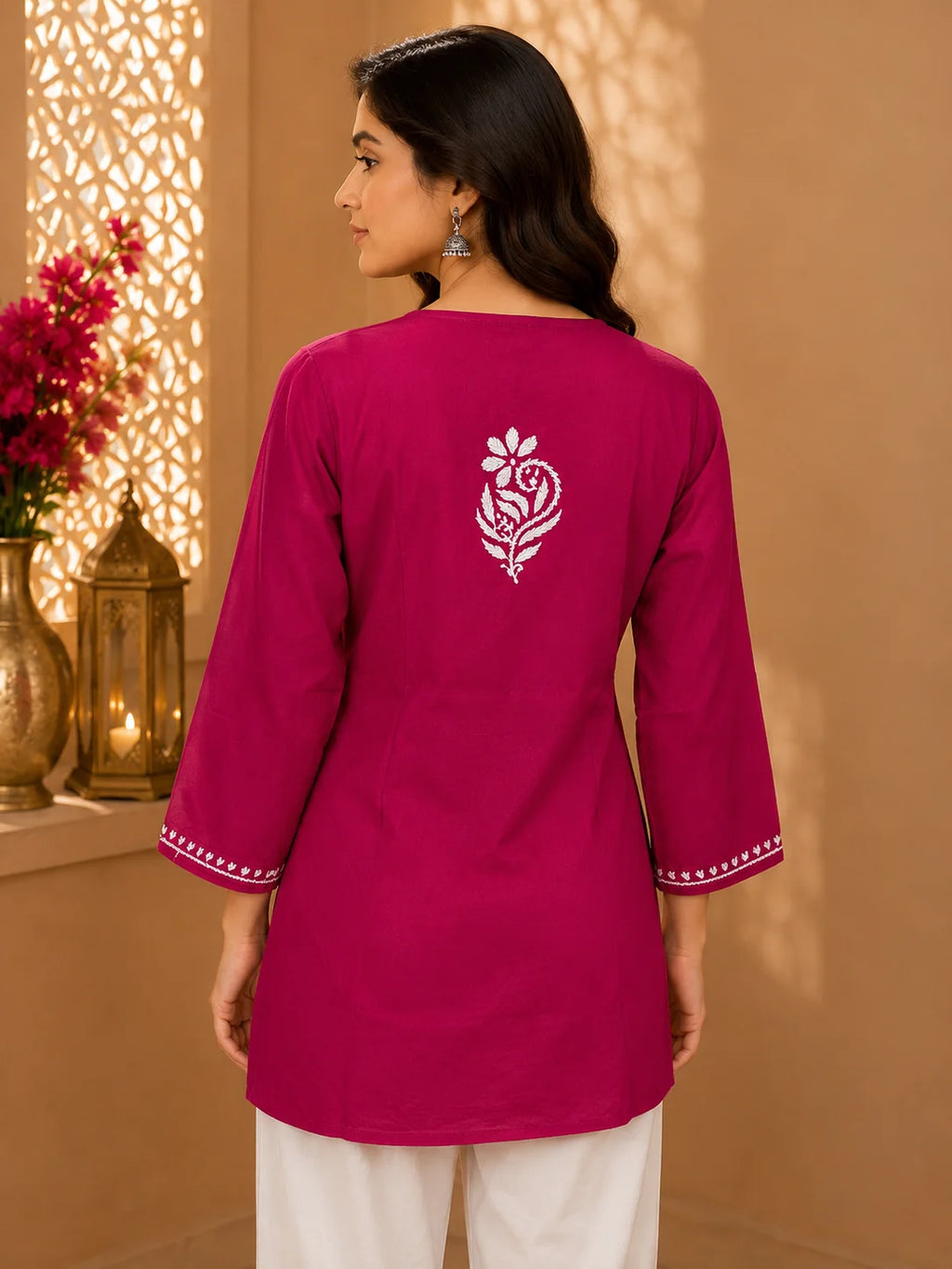Tazaki Luxury Modal Chikankari Short Kurti with Intricate Lucknowi Floral Embroidery