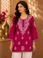 Tazaki Luxury Modal Chikankari Short Kurti with Intricate Lucknowi Floral Embroidery