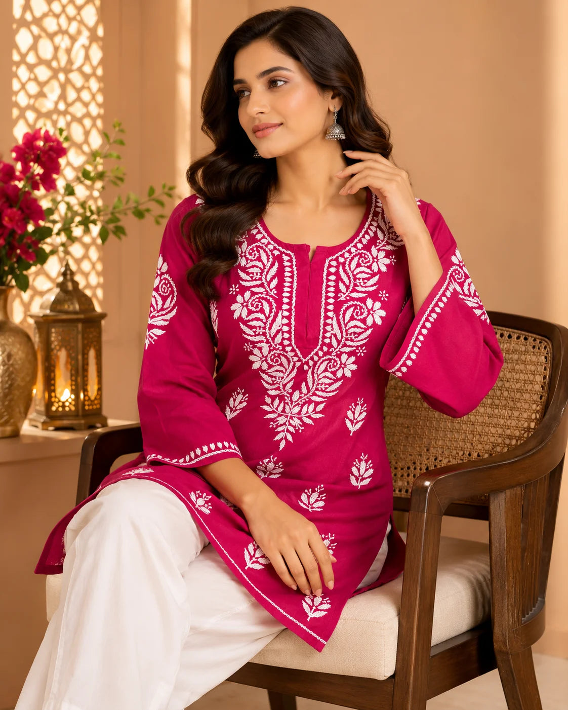 Tazaki Luxury Modal Chikankari Short Kurti with Intricate Lucknowi Floral Embroidery