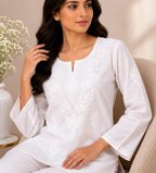 Tazaki Luxury Modal Chikankari Short Kurti with Intricate Lucknowi Floral Embroidery