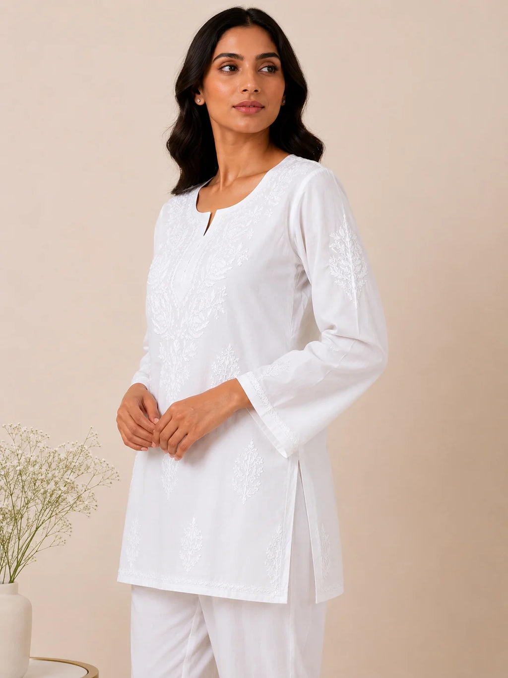 Tazaki Luxury Modal Chikankari Short Kurti with Intricate Lucknowi Floral Embroidery