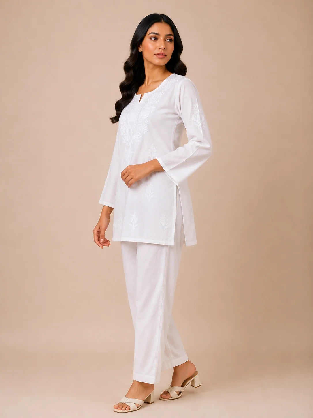 Tazaki Luxury Modal Chikankari Short Kurti with Intricate Lucknowi Floral Embroidery