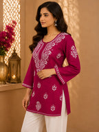 Tazaki Luxury Modal Chikankari Short Kurti with Intricate Lucknowi Floral Embroidery