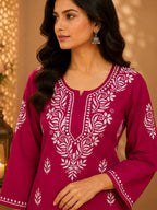 Tazaki Luxury Modal Chikankari Short Kurti with Intricate Lucknowi Floral Embroidery