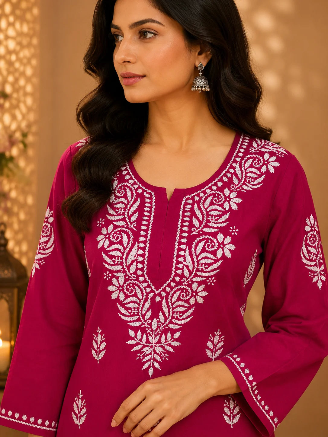 Tazaki Luxury Modal Chikankari Short Kurti with Intricate Lucknowi Floral Embroidery