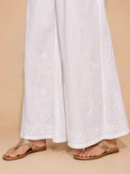 Tazaki White Embroidered Cotton Palazzo for Women | Premium Flared Ethnic Bottom Wear
