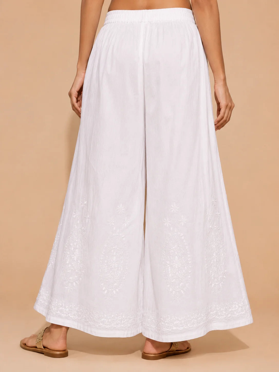 Tazaki White Embroidered Cotton Palazzo for Women | Premium Flared Ethnic Bottom Wear