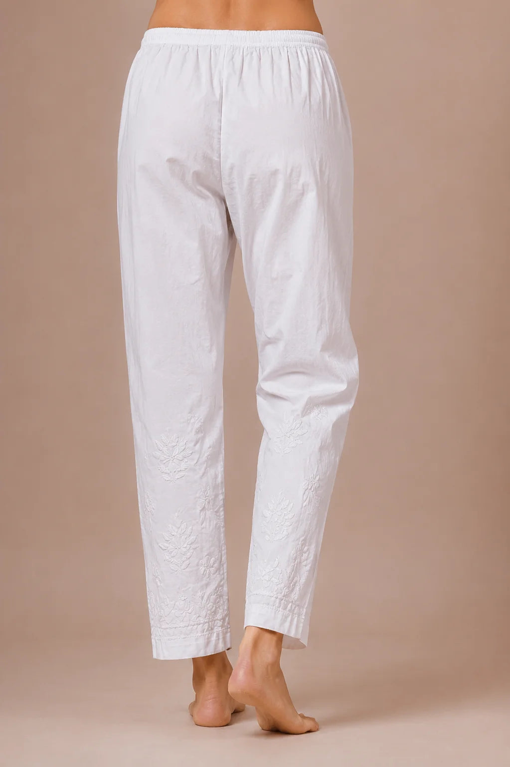 Tazaki White Cotton Lycra Embroidered Straight Pants for Women | Premium Ethnic Bottom Wear